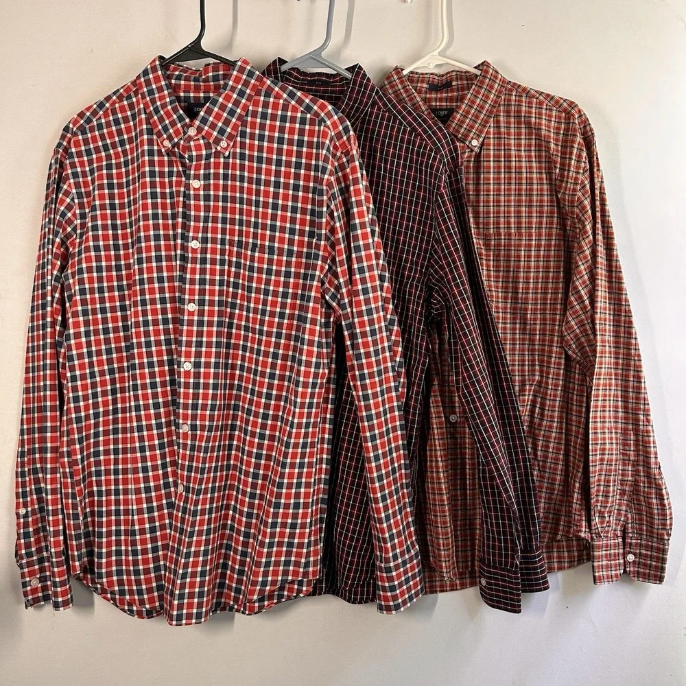 Lot of 3 J Crew Flex Wash Slim Fit Red and Blue‎ Button Shirt Mens L